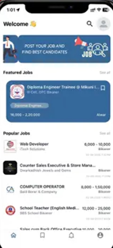 Career Setu app home screen with search, featured jobs, popular jobs and bottom navigation